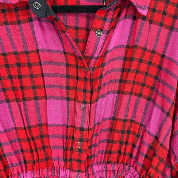 NWT‎ Free People Red Pink Plaid Button Down Shirt Top Ruched Sleeve Raw Hem Wool - Picture 12 of 12
